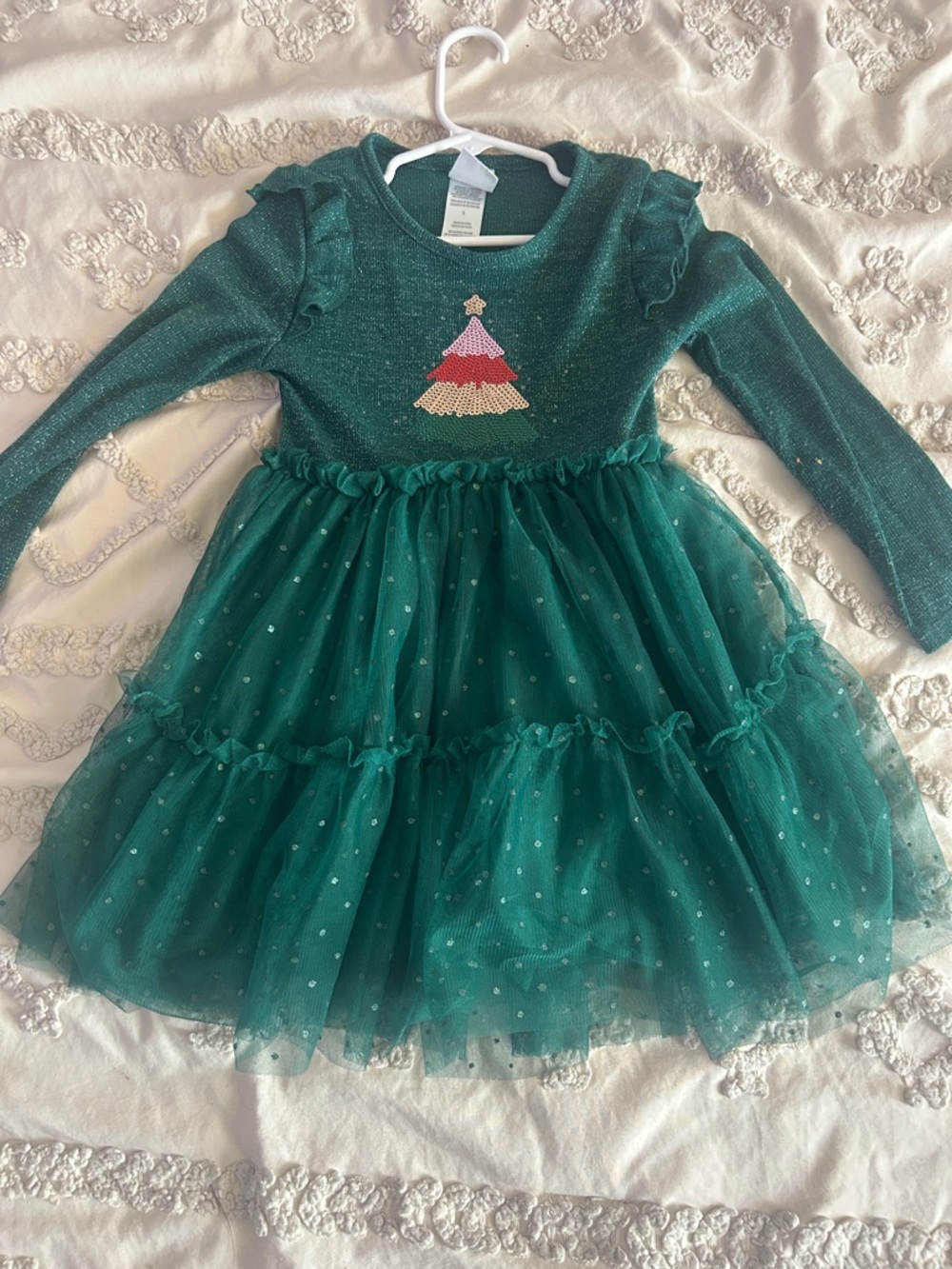 Sparkle Green Holiday Tulle Dress with Tree Applique